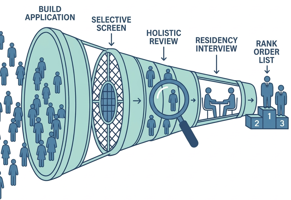 Residency application funnel illustrating selective screening, holistic review, interview, and ranking process