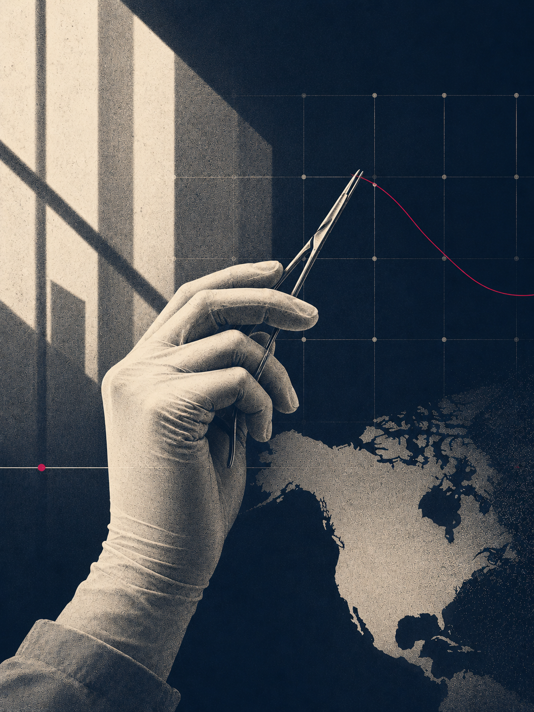 Editorial illustration depicting precision and selection in General Surgery residency for IMGs