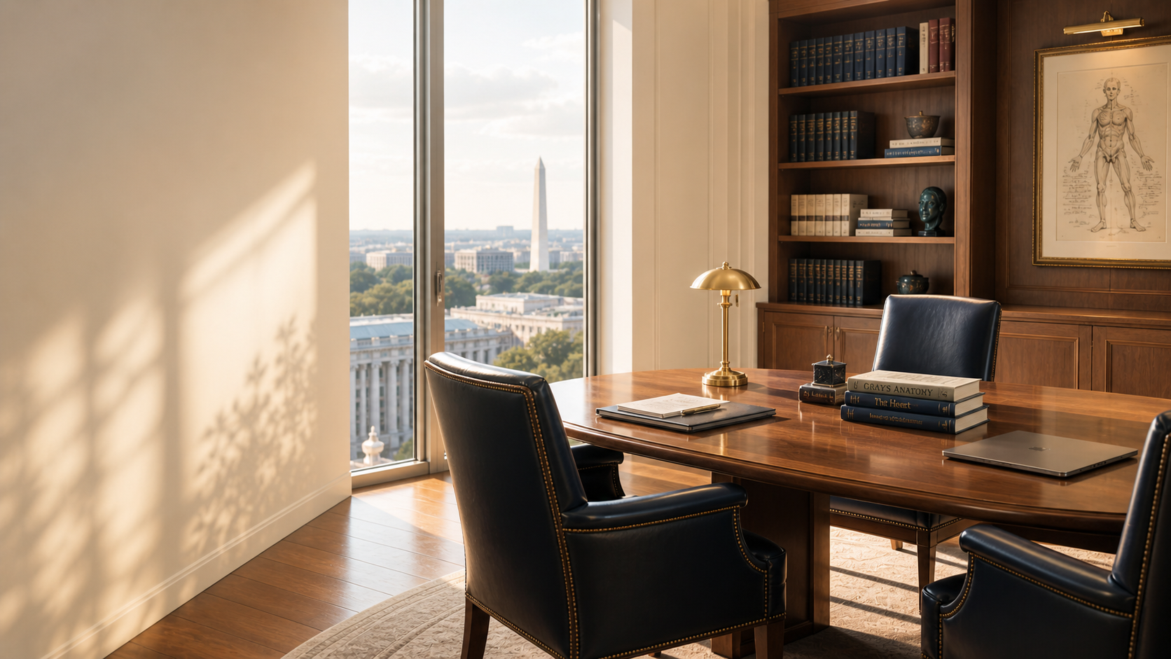 A refined consultation room in Washington, D.C., with walnut bookshelves, navy leather chairs, and the Washington Monument visible through floor-to-ceiling windows in late-afternoon light.