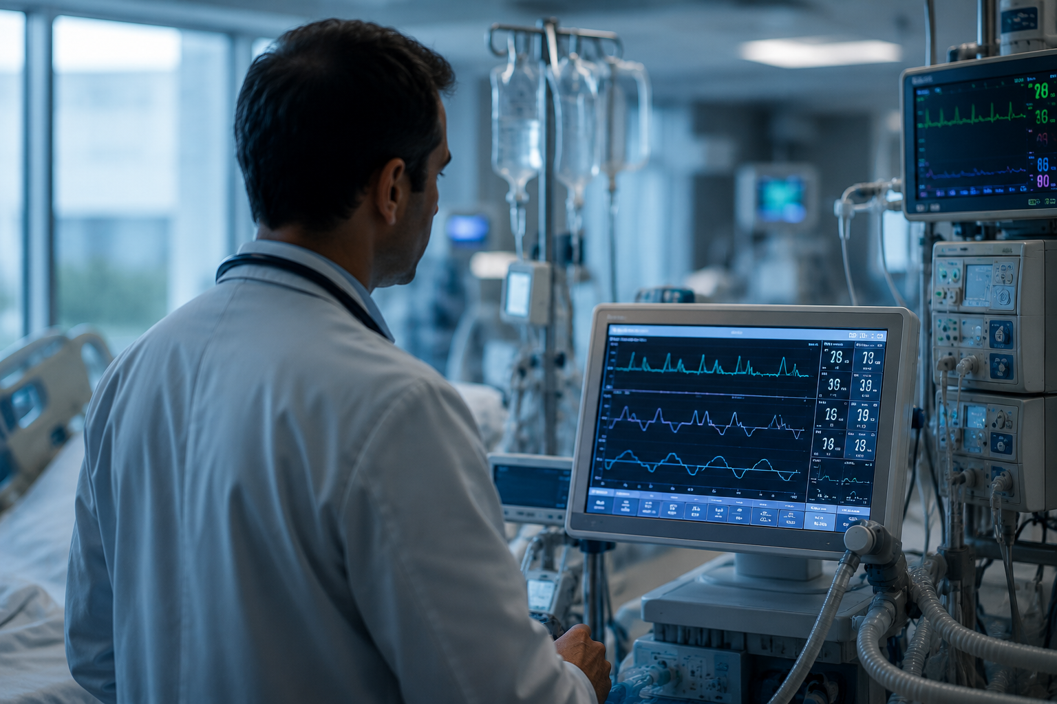 IMG pathway to Pulmonary Disease and Critical Care Medicine fellowship illustrated by an intensivist reviewing ventilator and ICU monitoring data