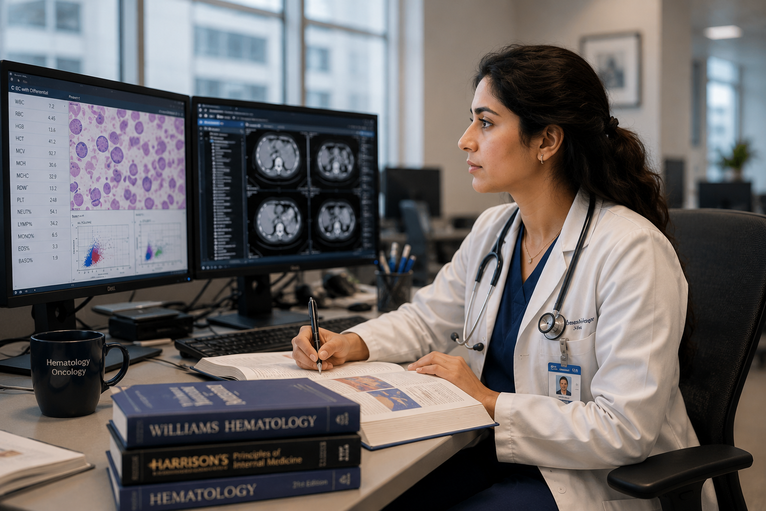 Hematology-oncology physician reviewing patient data at academic medical center workstation — illustrating clinical and academic rigor for IMG fellowship applicants