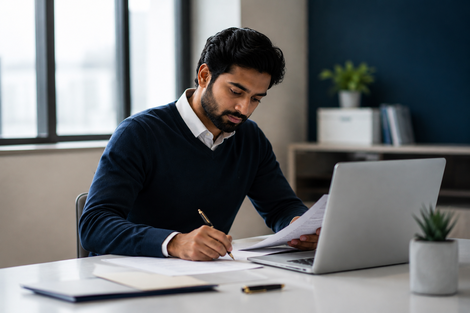 International medical graduate drafting a personal statement for residency beside printed ERAS application documents